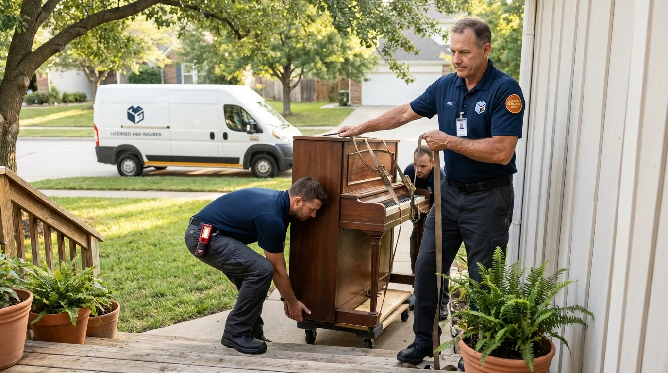 Licensed piano movers securing grand piano in Miami, AZ