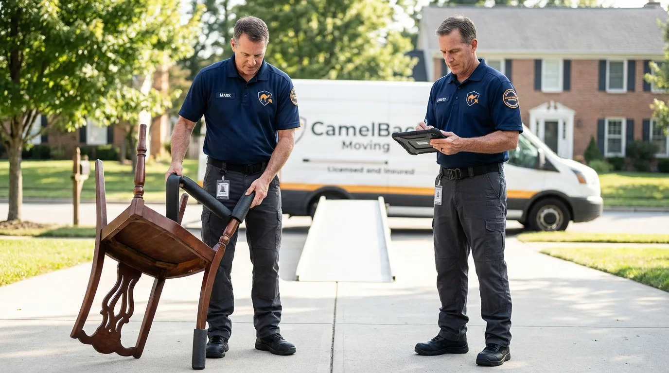 Movers inspecting furniture for damage prevention before loading in Miami, AZ