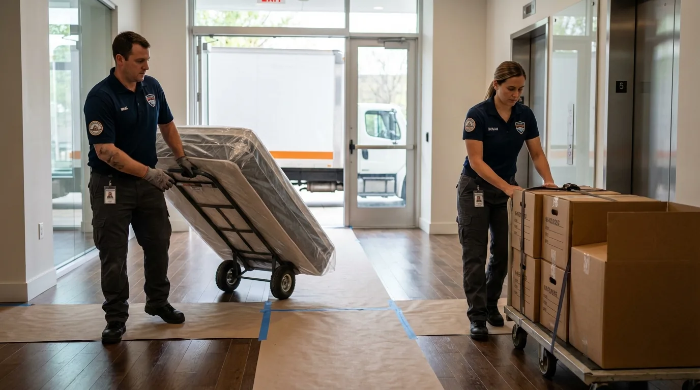 Professional apartment movers loading elevator in Miami, AZ
